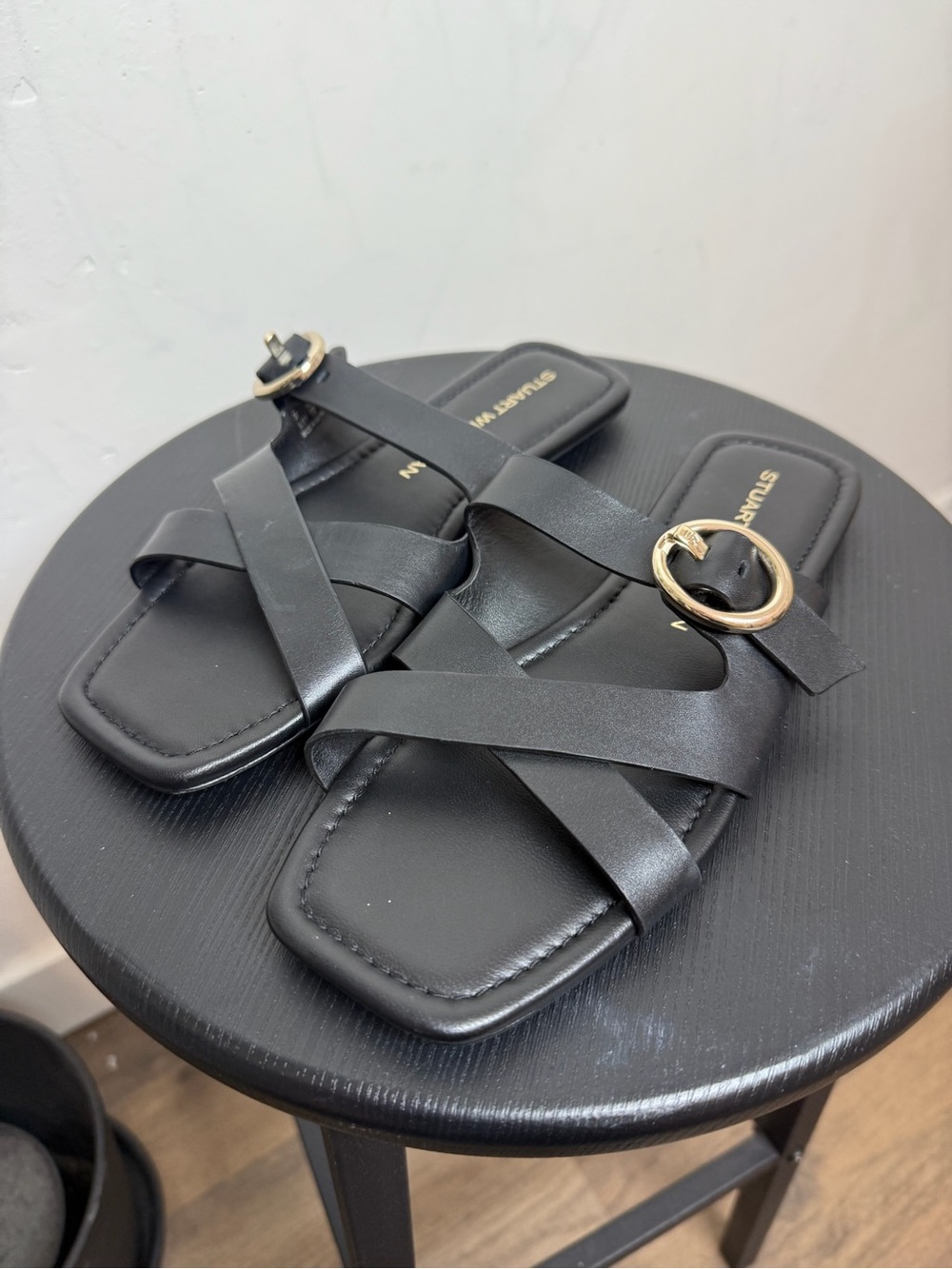 Stuart Weitzman Black Leather Crisscross Slide Sandals with Gold Ring